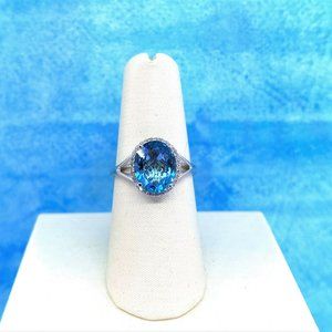 14K Gold Swiss Blue Topaz & White Diamond Ring